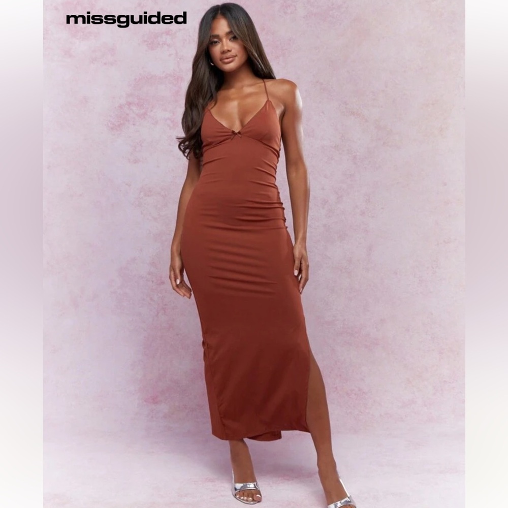 Missguided Brown Ruched Plunge Maxi Dress